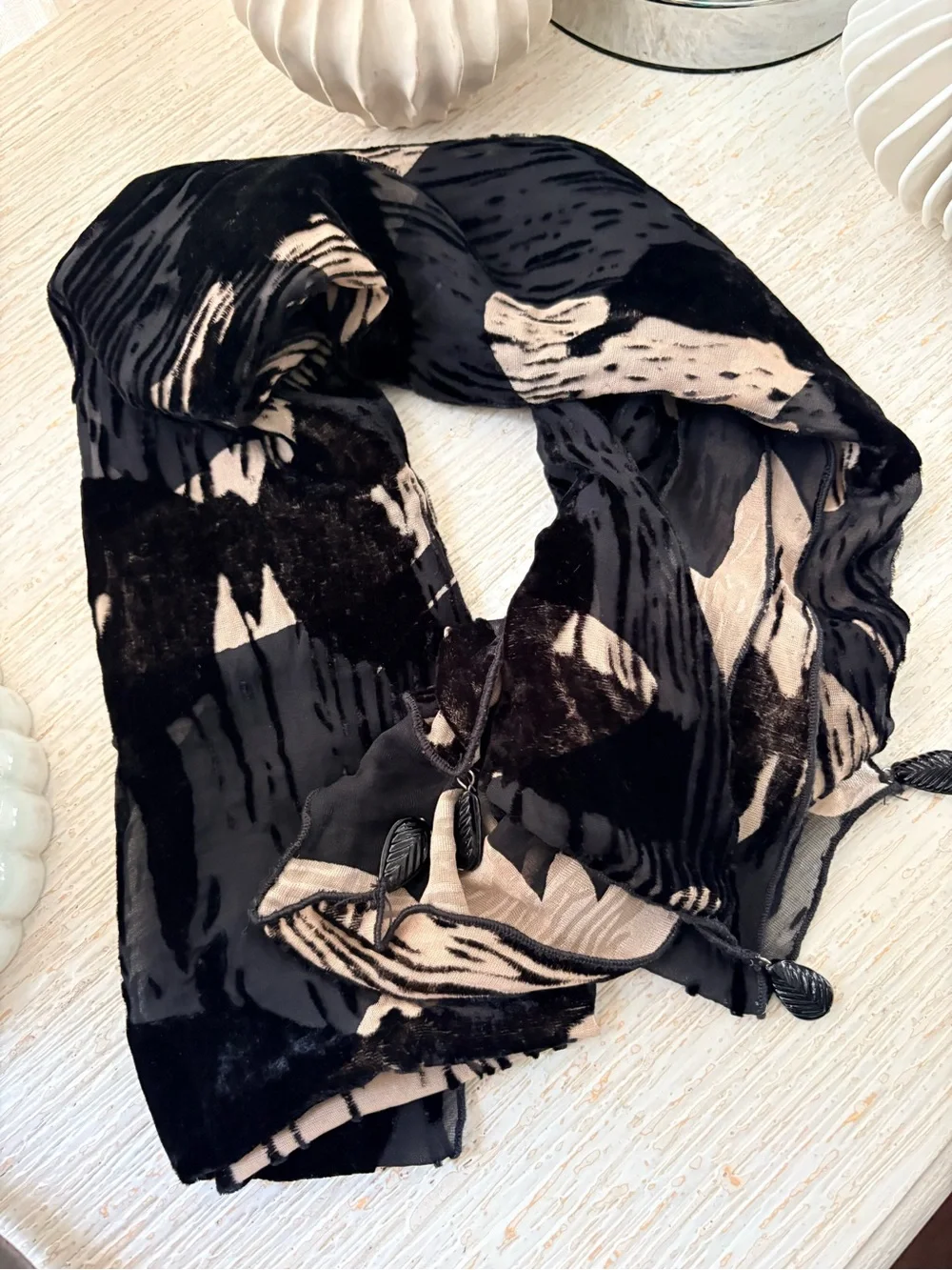 Black Beige Sheer Beaded Burnout Scarf 13 x 60